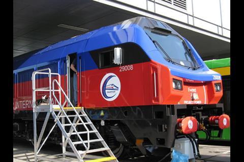 GE Transportation/Tulomsas PowerHaul diesel locomotive at InnoTrans 2012.